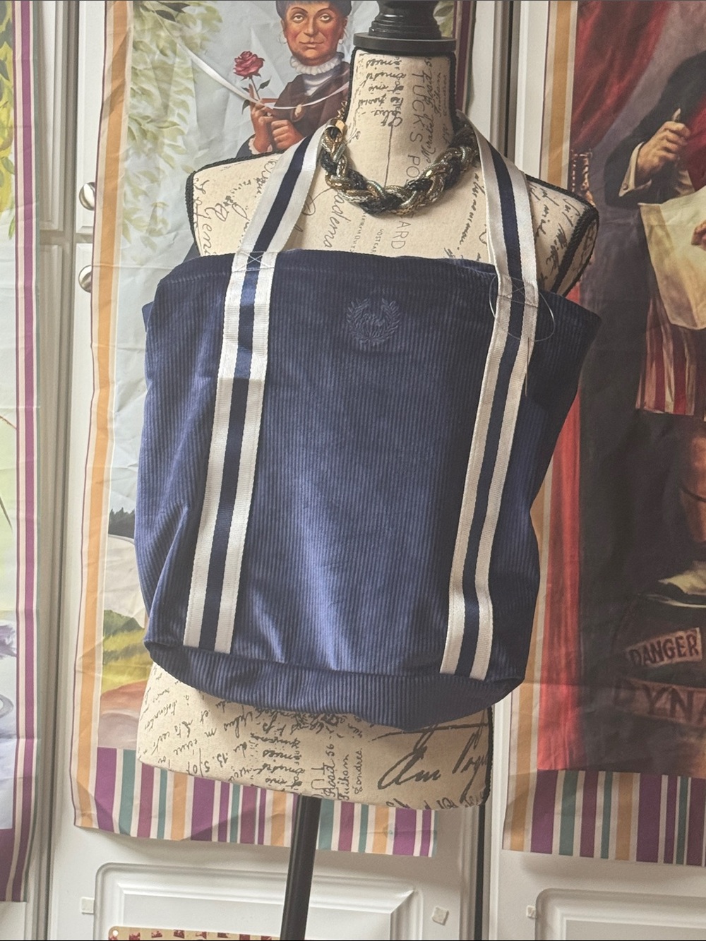 Victoria secret pink Navy Corduroy Tote Bag with Striped Handles